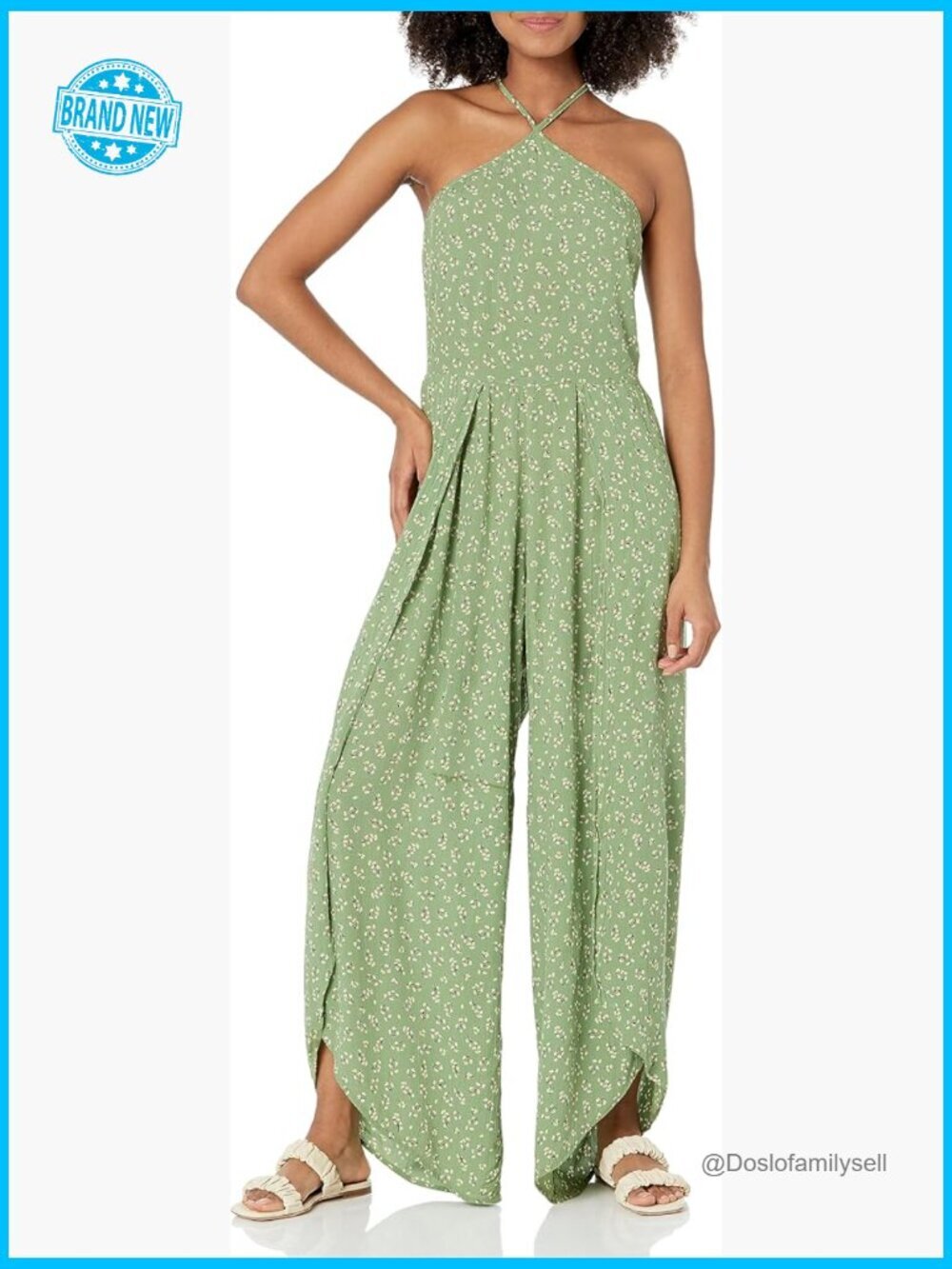 Angie Women's Halter Jumpsuit with Wrap Pant - Green Print - Sleeveless Pull-On